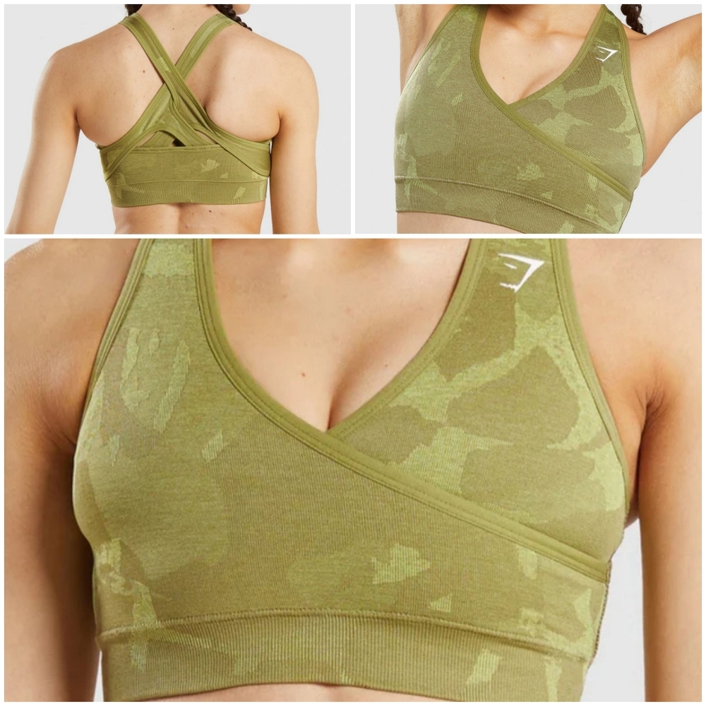 GYMSHARK Adapt Camo Seamless Sports Bra in Griffin Green Sz M
